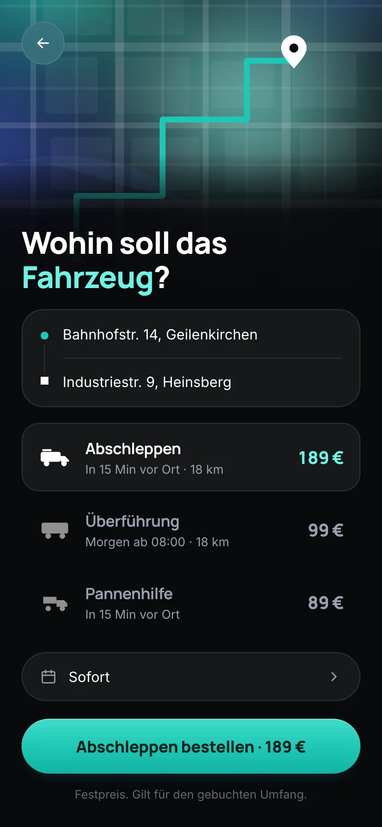 heymo App: Ziel eingeben und Leistung mit Preis auswählen
