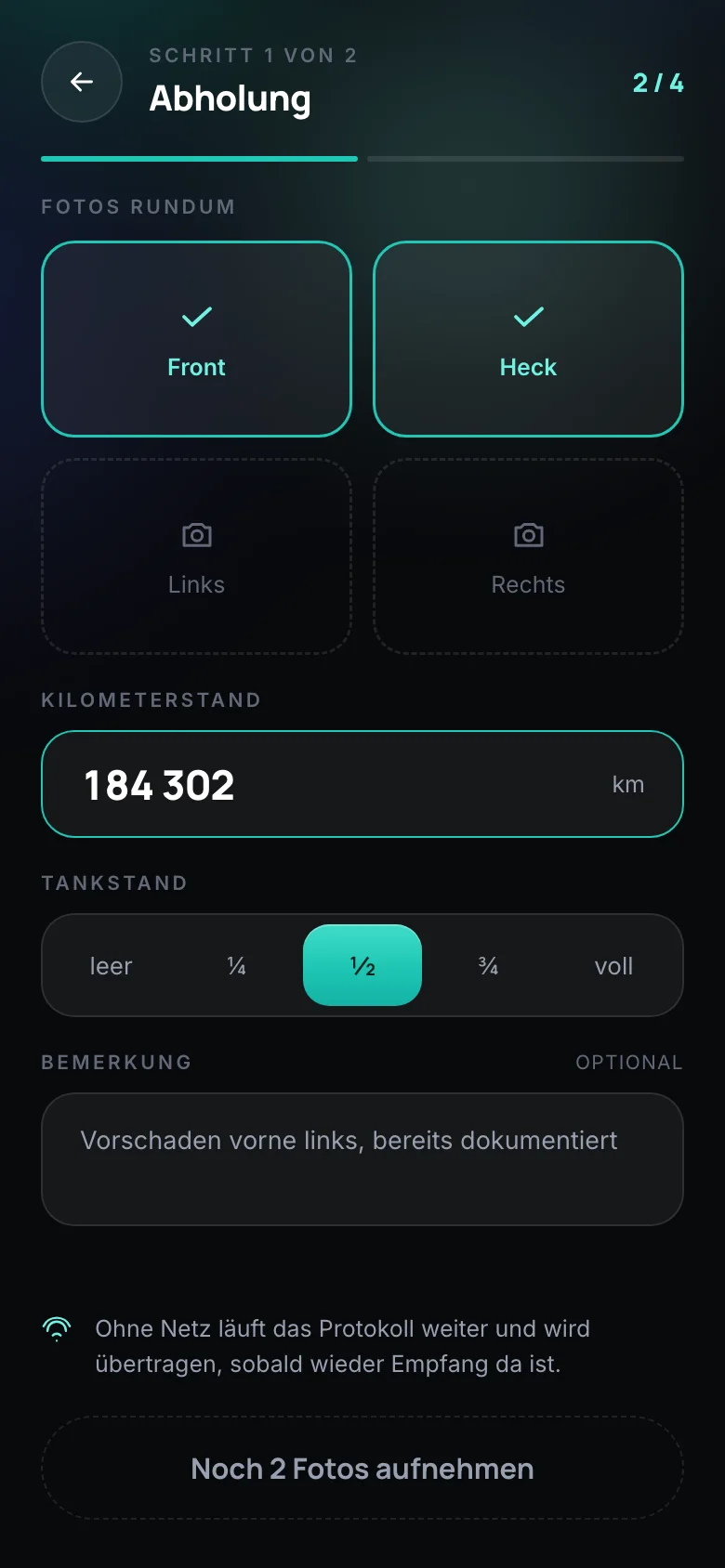 heymo Fahrer-App: Fotoprotokoll bei der Abholung mit Kilometer- und Tankstand